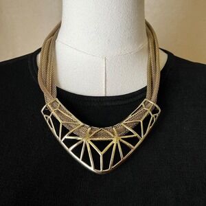 Vintage Graziano Italy Geometric Mesh Statement Bib Necklace Gold 16-19"